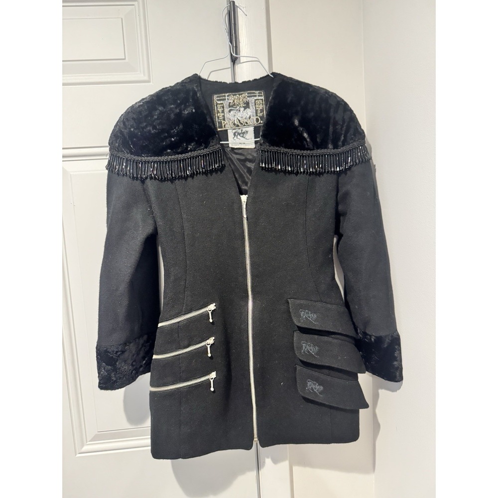 Vintage Parasuco Girl's Black Wool Blend Jacket Beaded Faux Fur Youth M